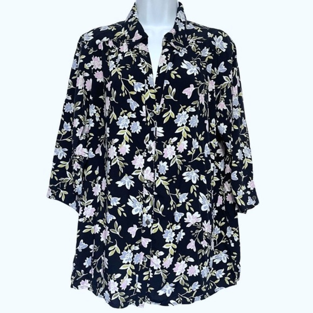 J Jill Button Up Tunic Top Womens‎ 1X Blue Dark Floral Blouse Cottagecore Spring